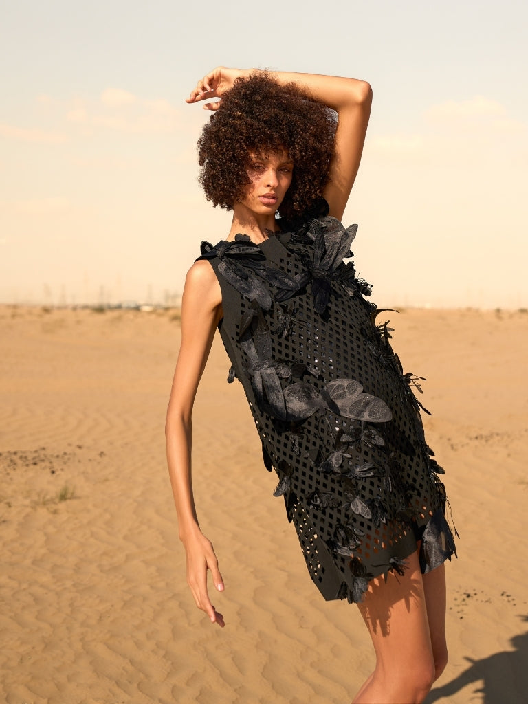Black Diamond-Cut Laser Dress with Dragonfly and Butterfly