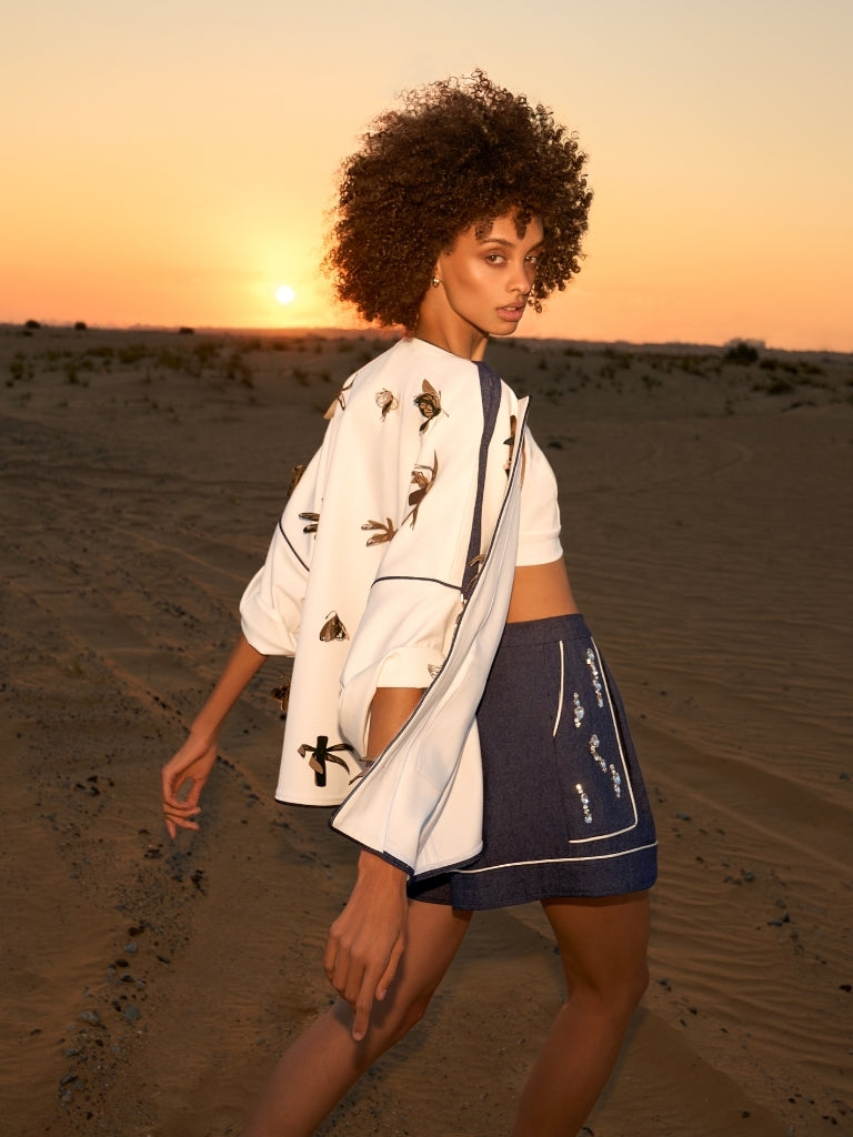 Off-white coat with colored drogonfly and butterfly