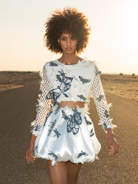 Open Back Diamond-Cut Blouse with Dragonfly and Butterfly