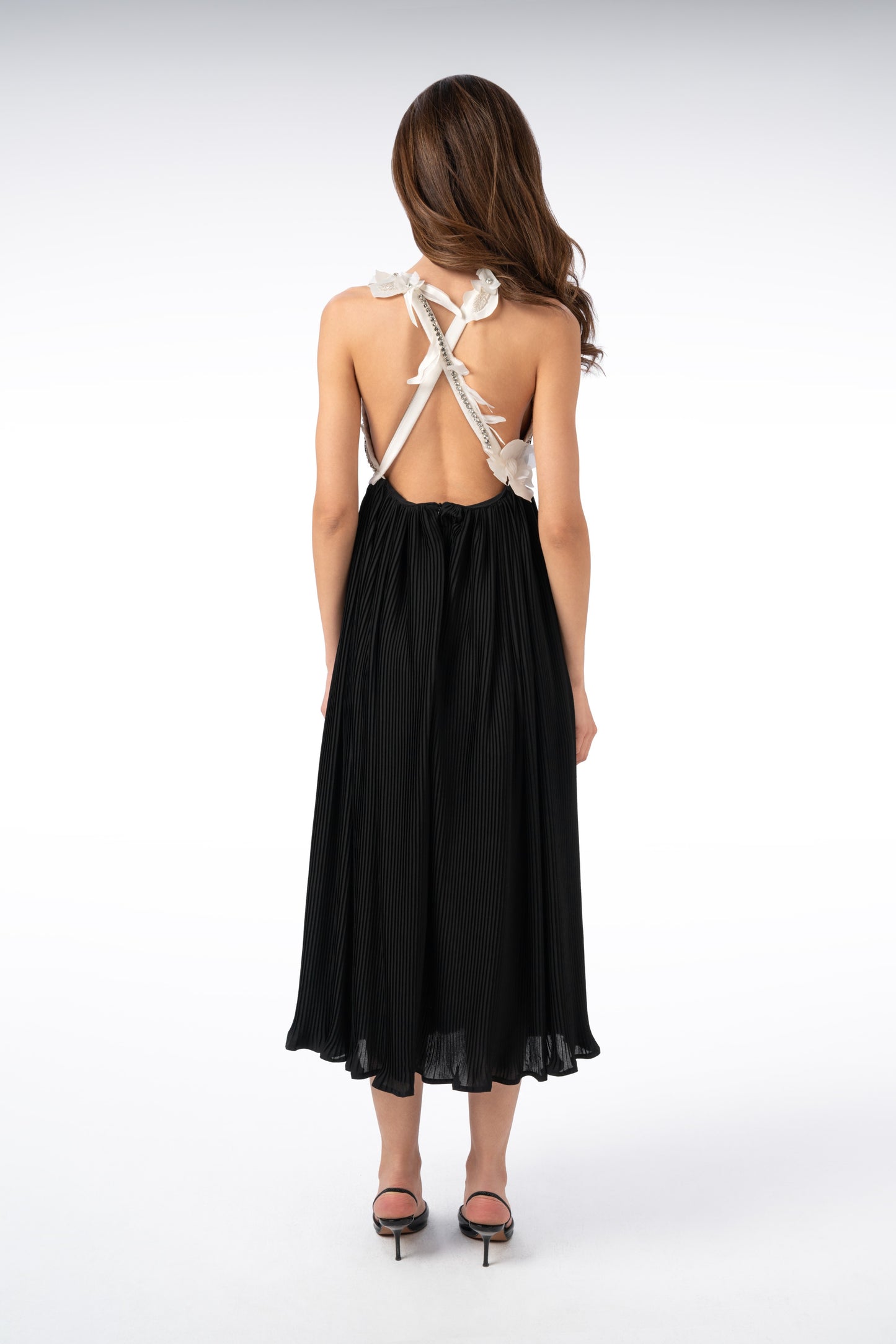 Floral Pleated Open-Back Long Dress