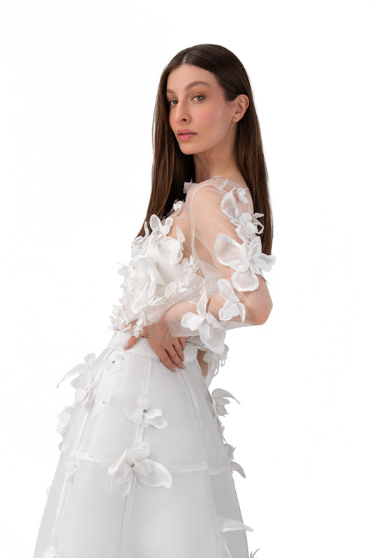 Sheer Tulle Blouse with Four-Petal Flower - White