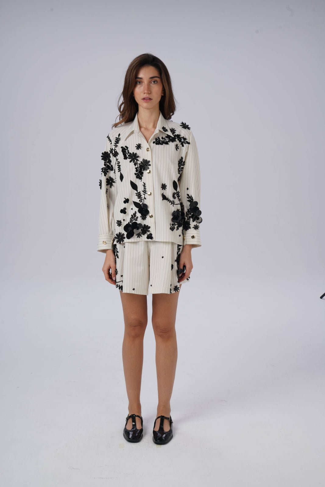 Striped shorts with Sequin-Embroidered Branches and Flowers