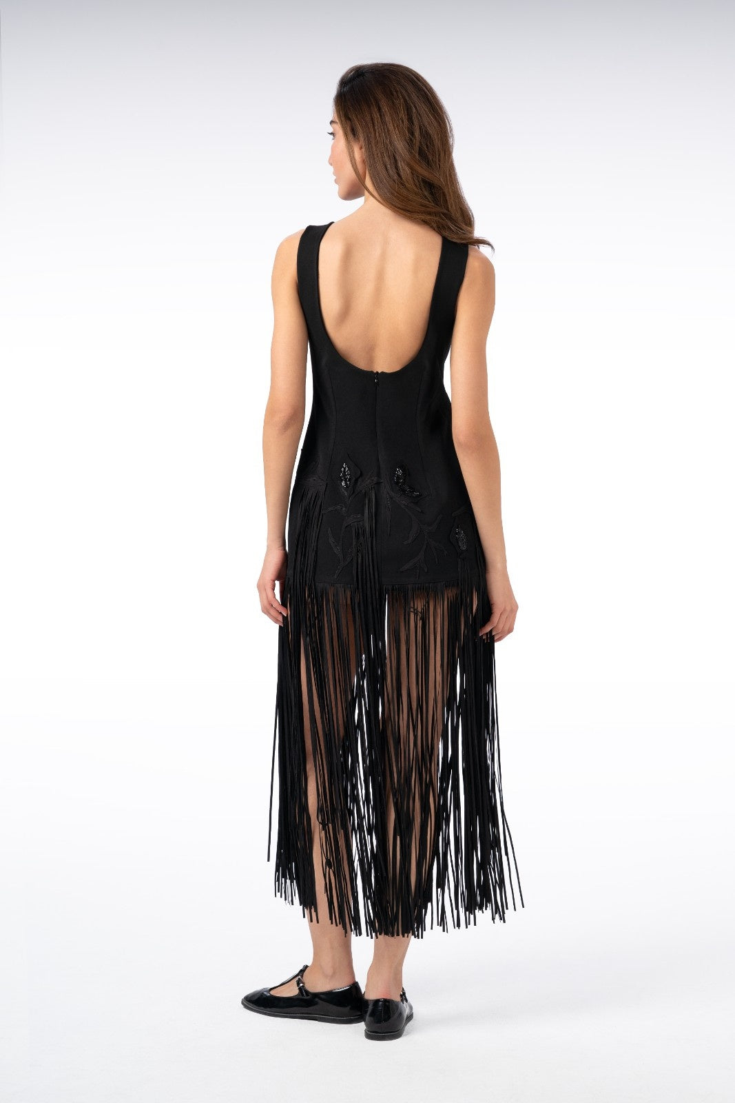 Open-Back Long Dress with Leaf and Fringed Bead Embroidery