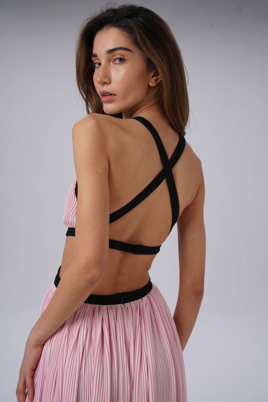 Floral Pleated Open-Back Long Dress