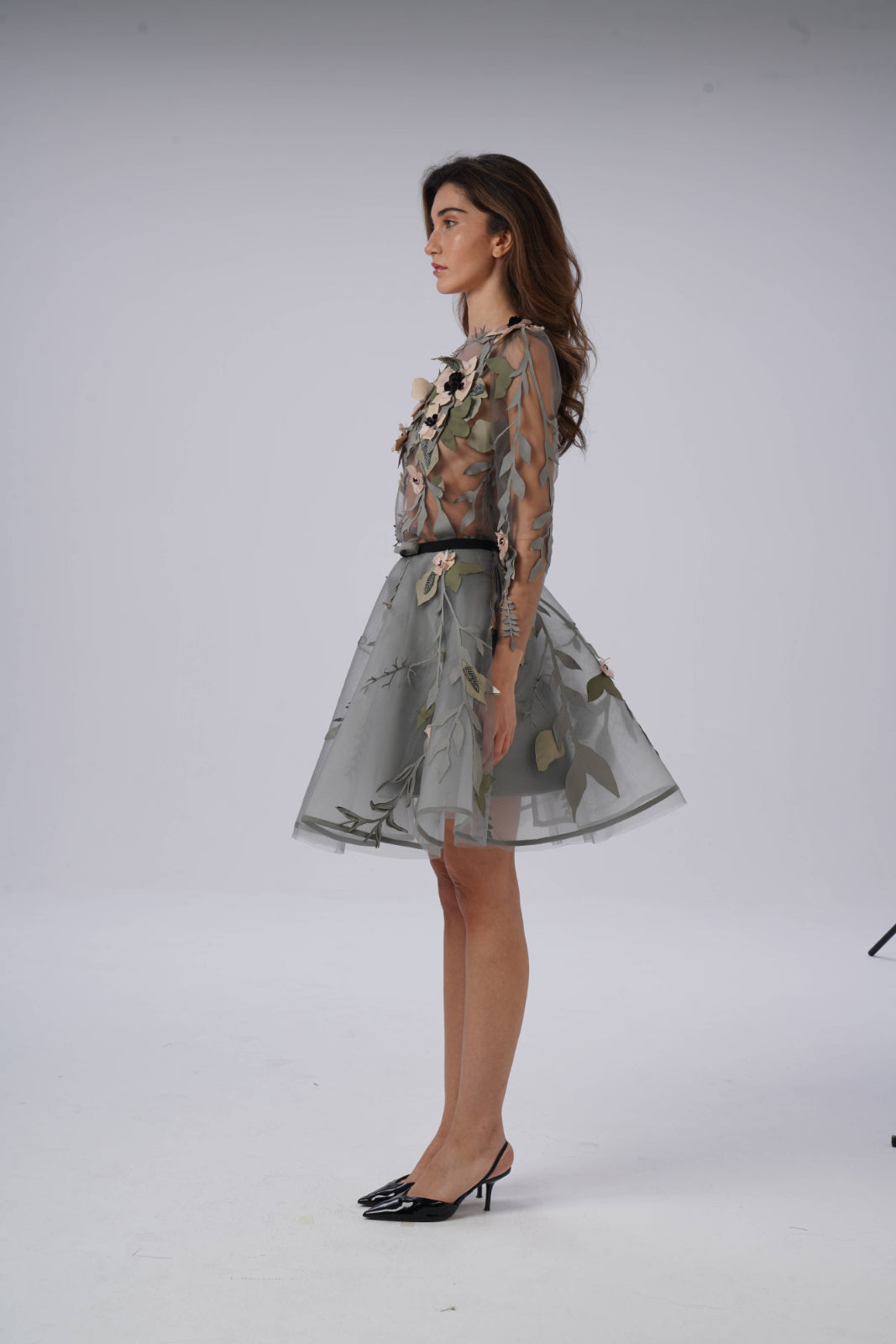 Sheer Tulle Blouse with leaf and Flower