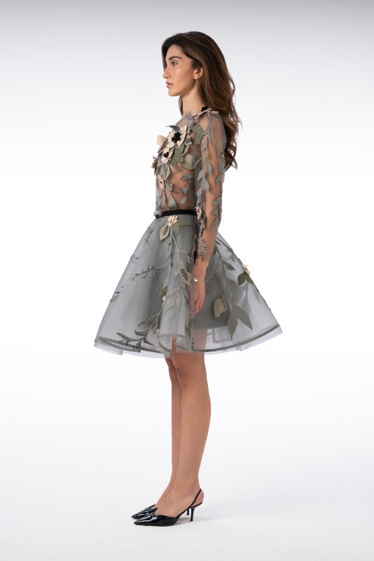 Sheer Tulle Blouse with leaf and Flower