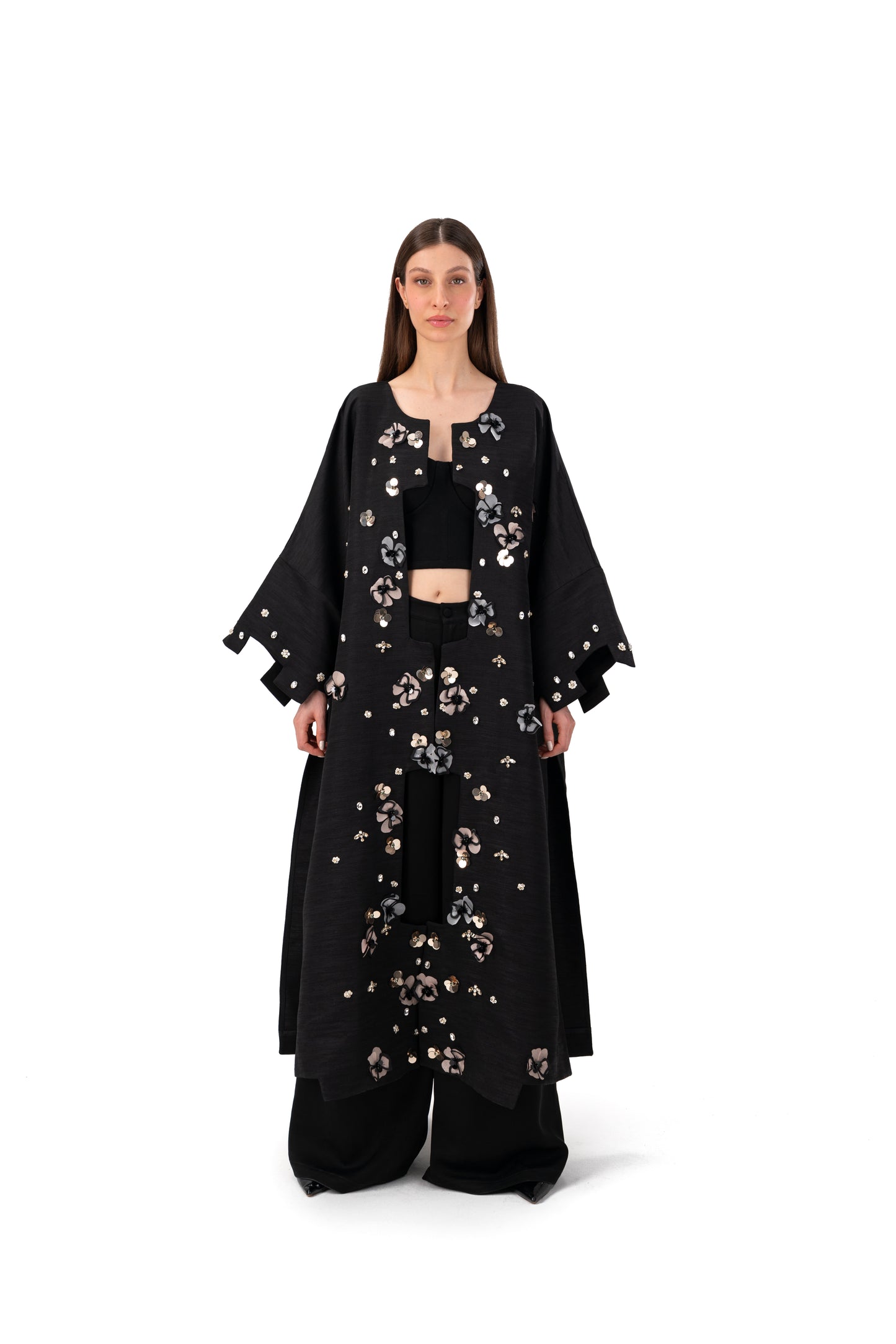 Abaya with violet floral and colorful stones