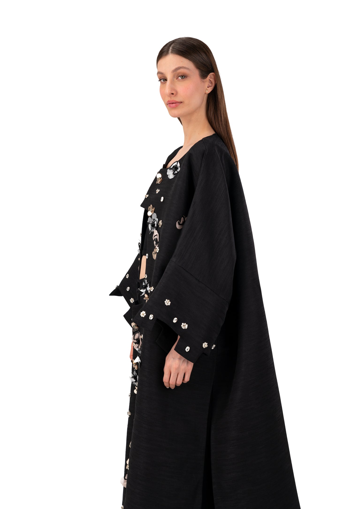 Abaya with violet floral and colorful stones
