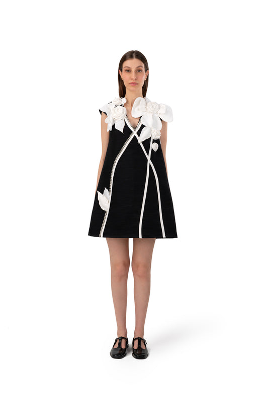 Black & White Floral Branch Embellished Dress