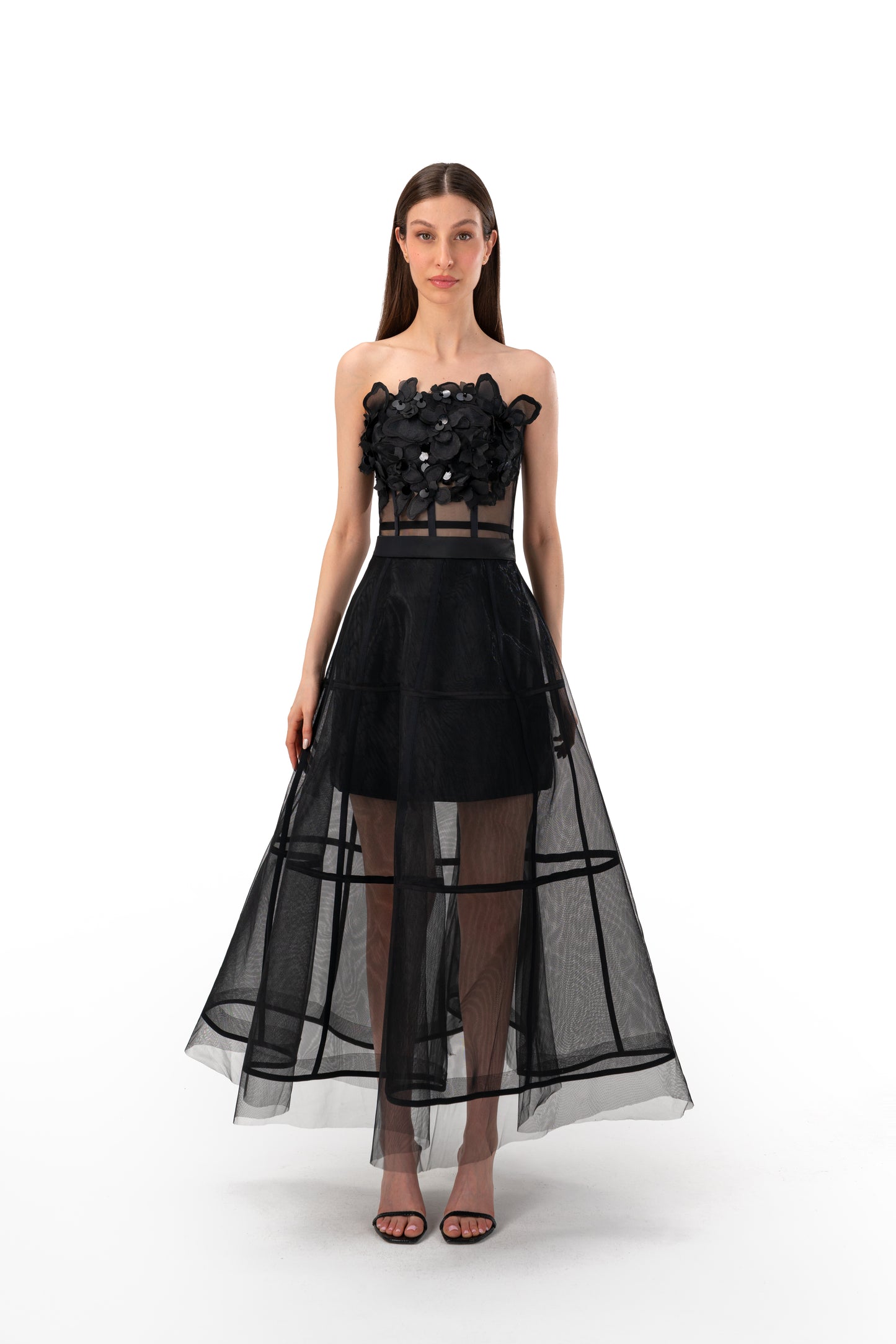Strapless Four-Petal Flower Crop Top - Black