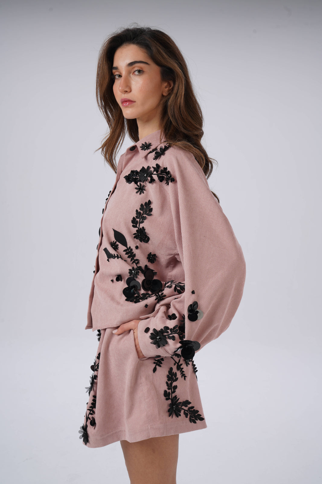 Pink shorts with Sequin-Embroidered Branches and Flowers