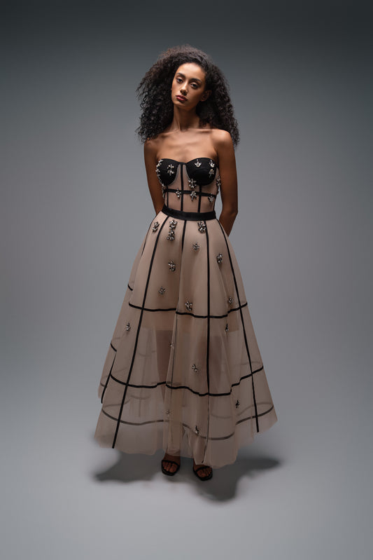 Stones Embellished Square-Striped bustier top