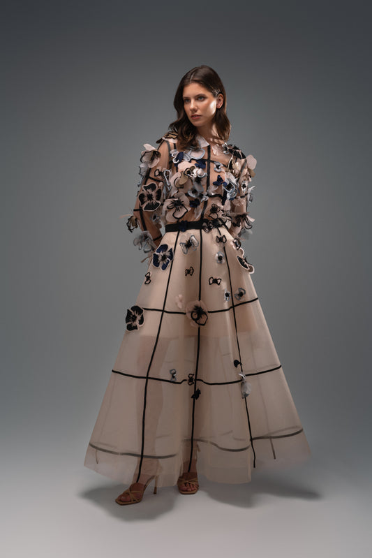 Violet-Colored Square-Striped tulle Long skirt