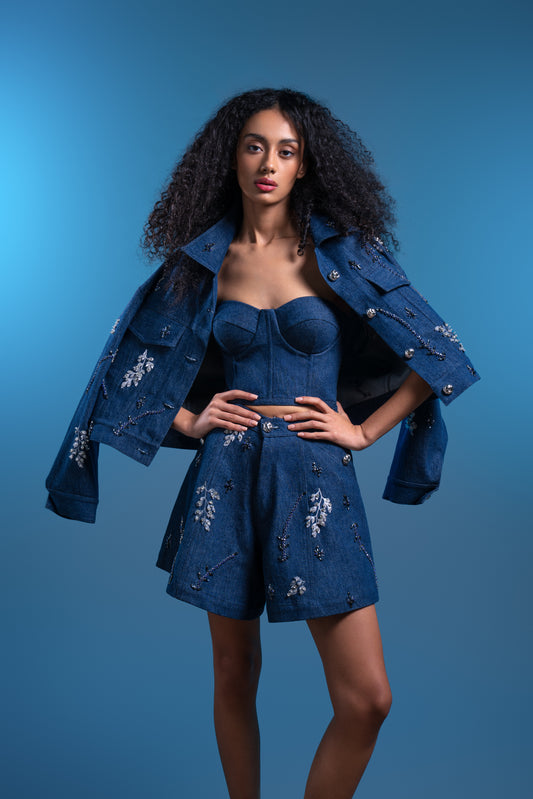 Blue Denim Jacket with Leaf and Bead Details