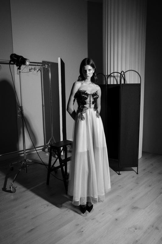 Black Strapless Midi Dress with Floral, Butterfly, and Crystal Embellishments