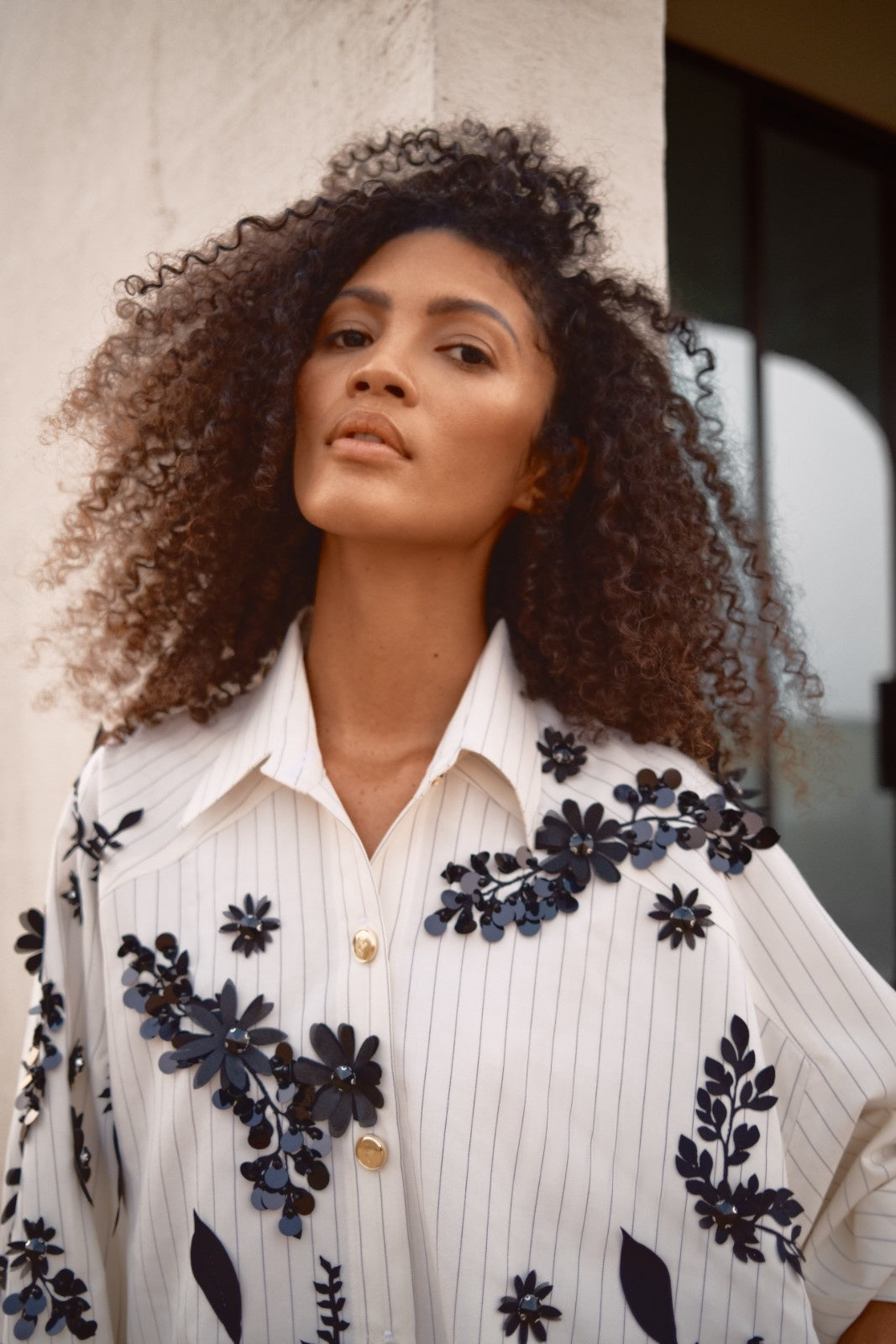 Striped Blouse with Sequin-Embroidered Branches and Flowers