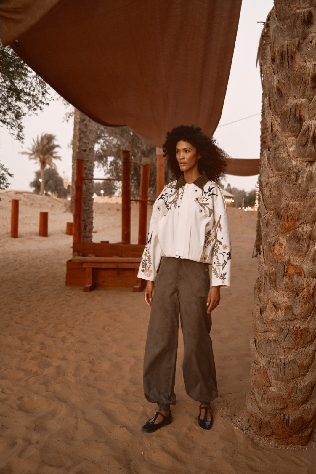 Denim Jacket with Colorful Flower and Bird Embroidery