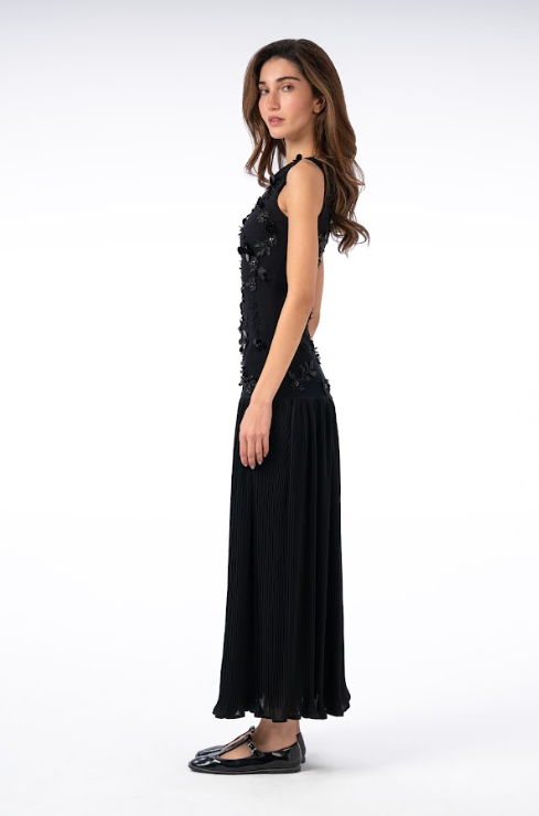Long Pleated Skirt Dress with Sequin-Embroidered Leaves and Flowers on the Bodice