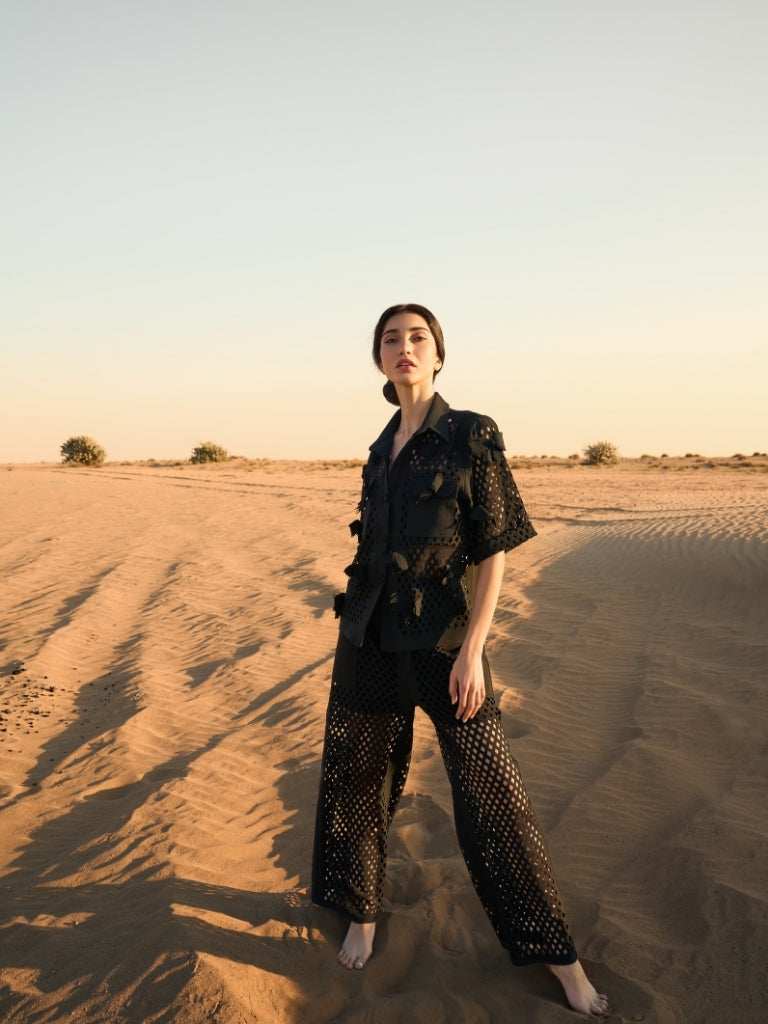 Diamond Laser-Cut Black Blouse with Bows