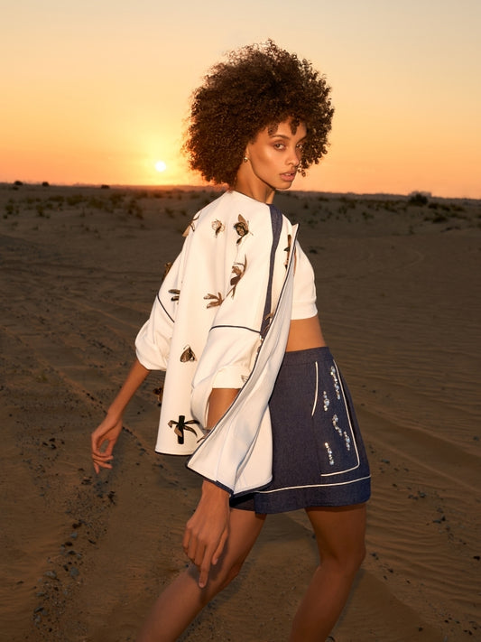 Off-white coat with colored drogonfly and butterfly