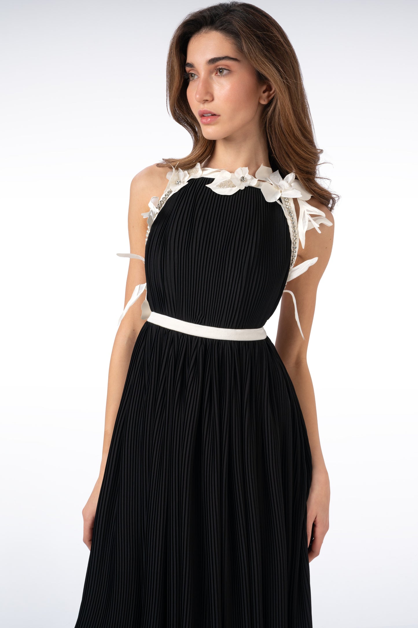 Floral Pleated Open-Back Long Dress