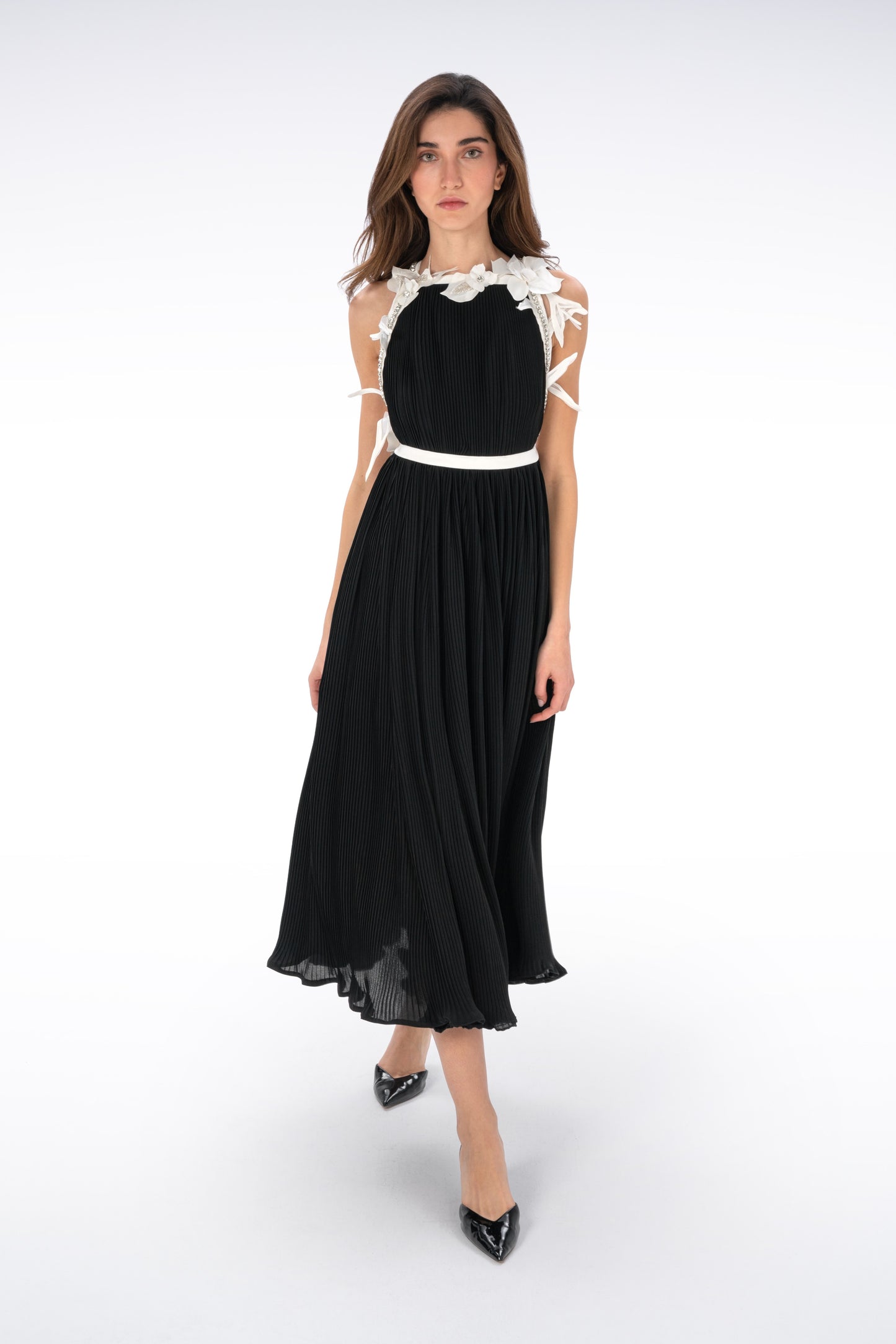 Floral Pleated Open-Back Long Dress