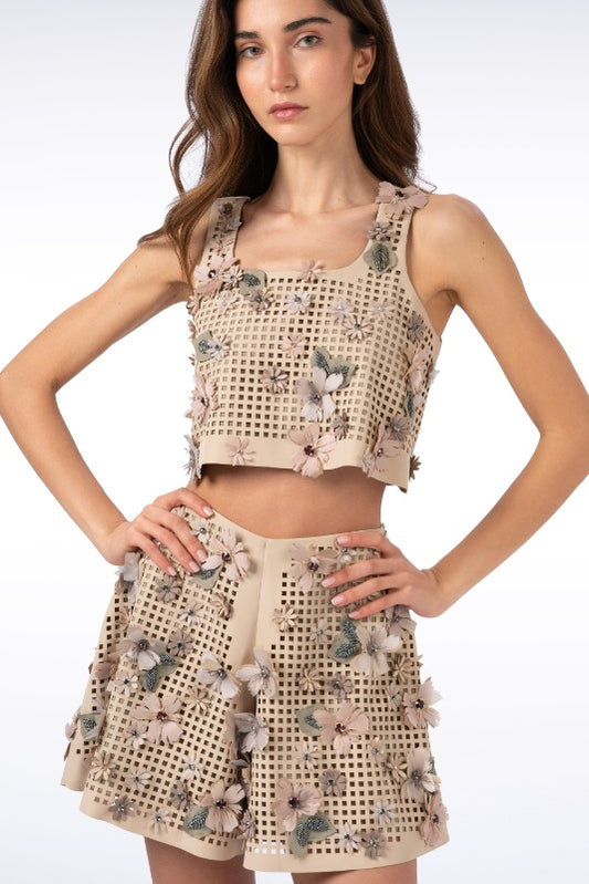 Square Laser-Cut shorts  with Colorful Flowers