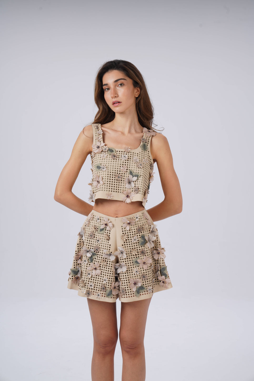 Square Laser-Cut shorts  with Colorful Flowers