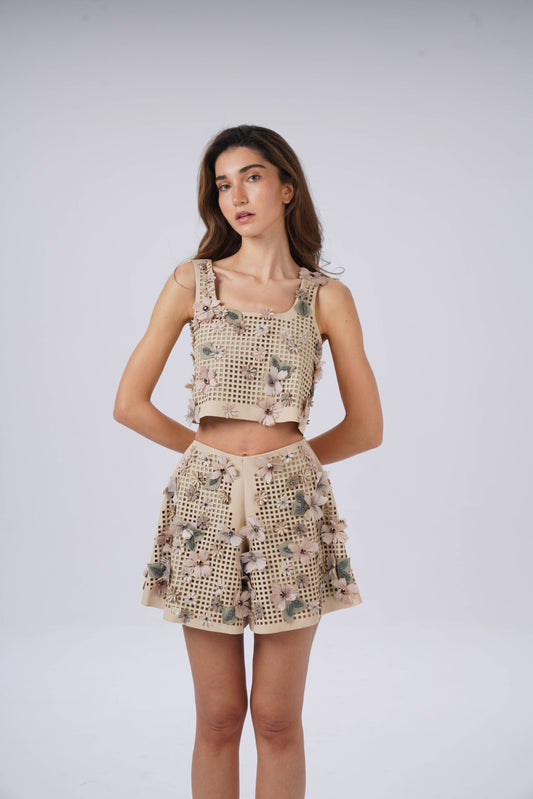 Square Laser-Cut shorts  with Colorful Flowers
