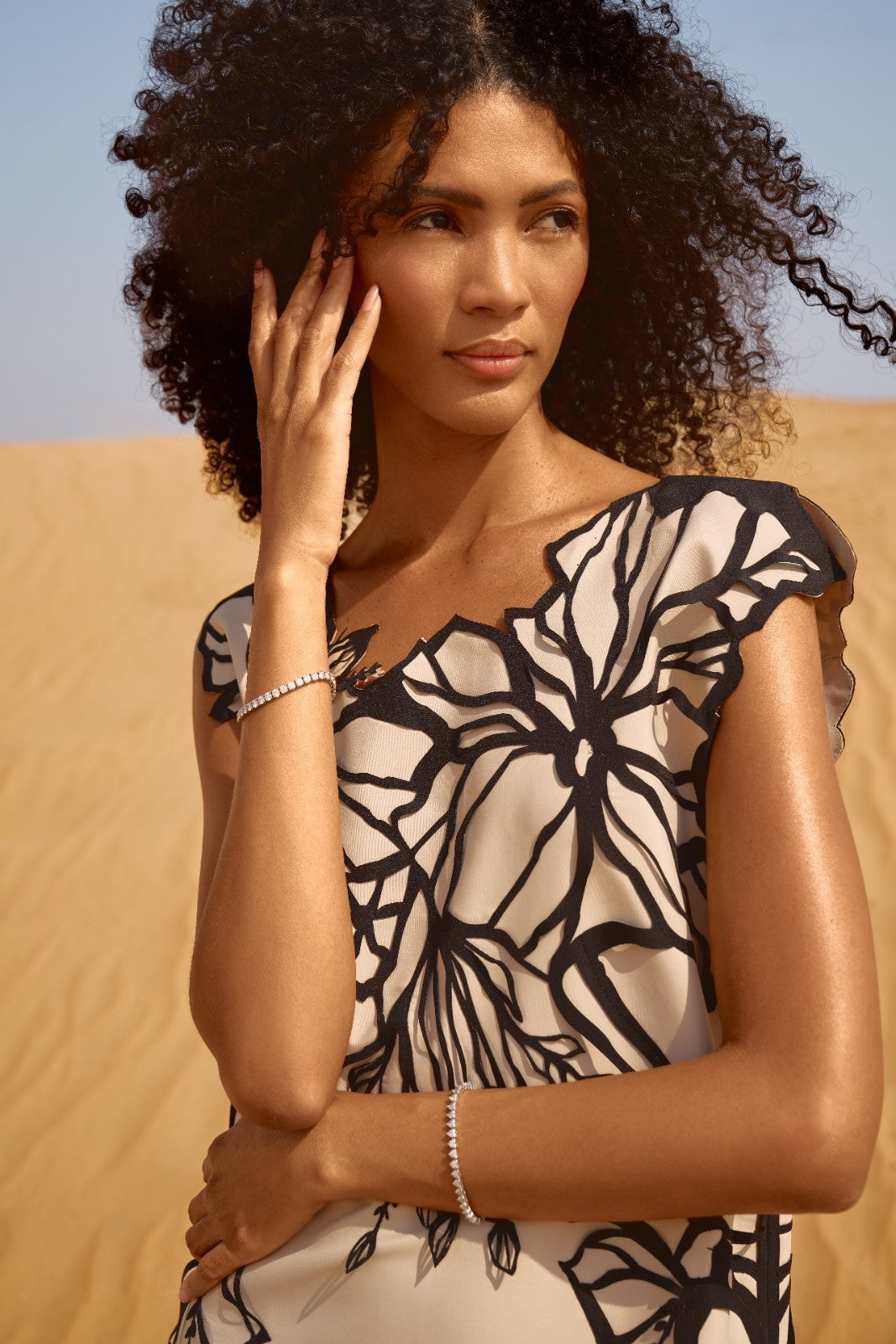 Long Cream and Black Fringed Laser-Cut Dress