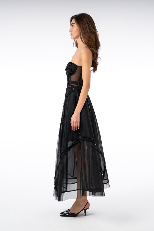Long Skirt with Sequin-Embroidered X-Shaped Stripes