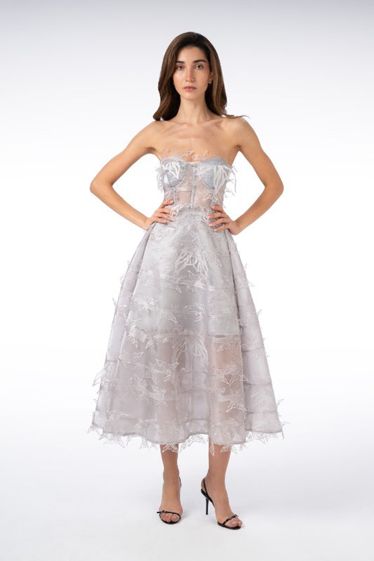 Strapless Organza Dress with Butterfly Trim
