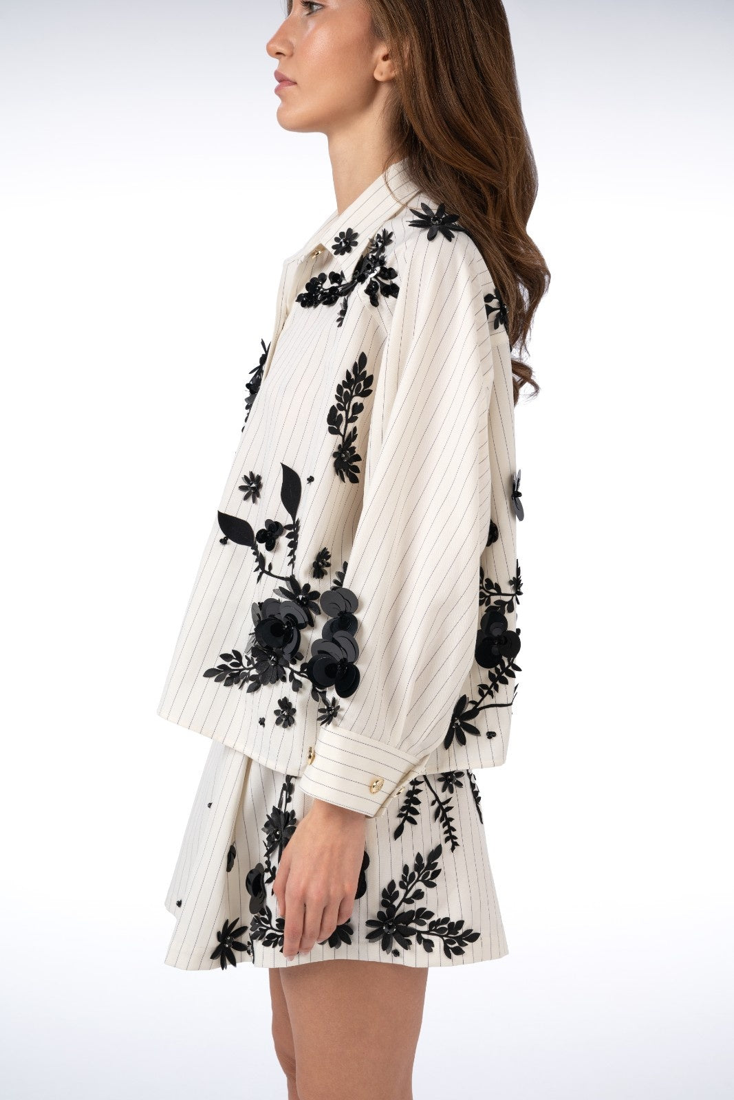 Striped Blouse with Sequin-Embroidered Branches and Flowers