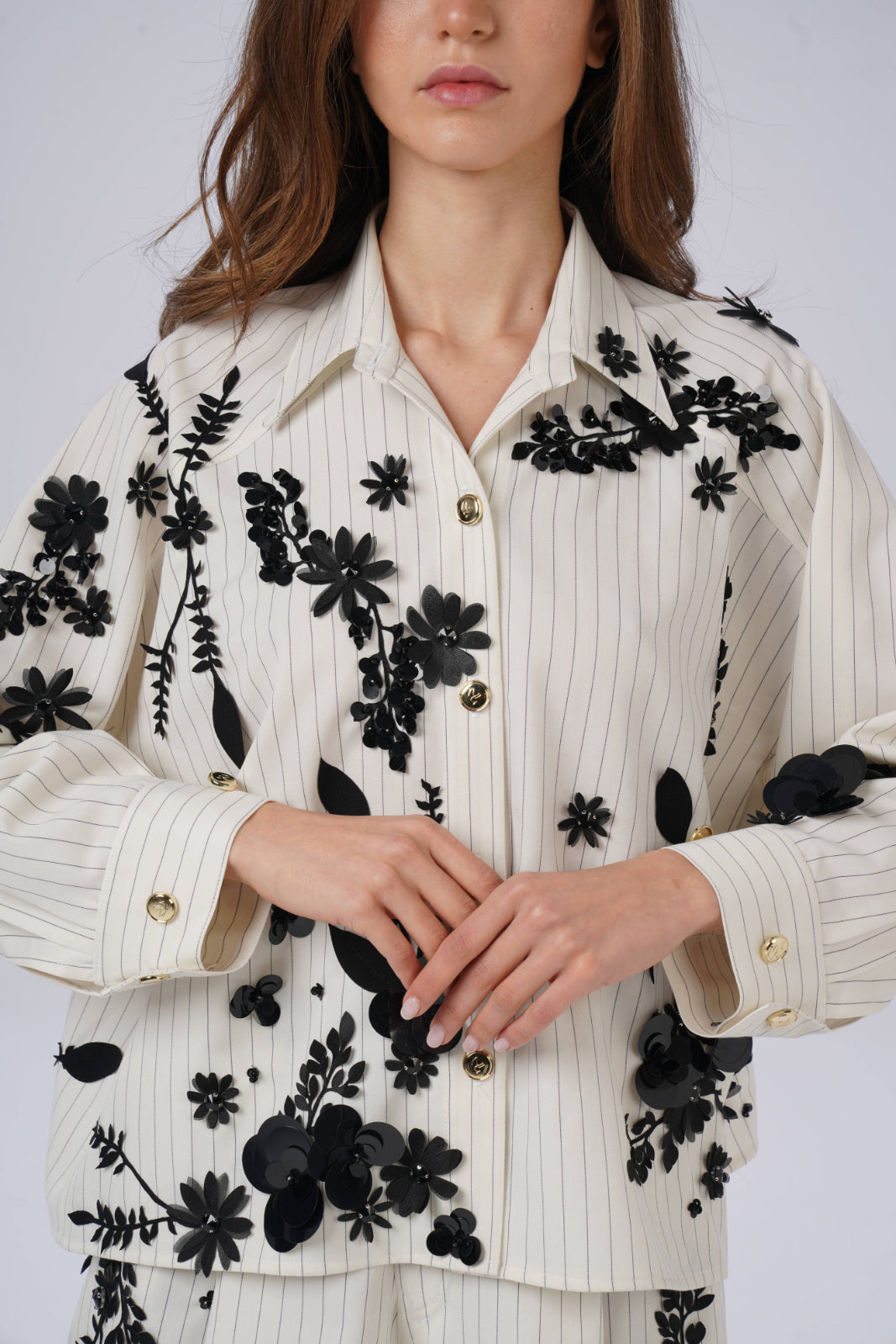 Striped Blouse with Sequin-Embroidered Branches and Flowers