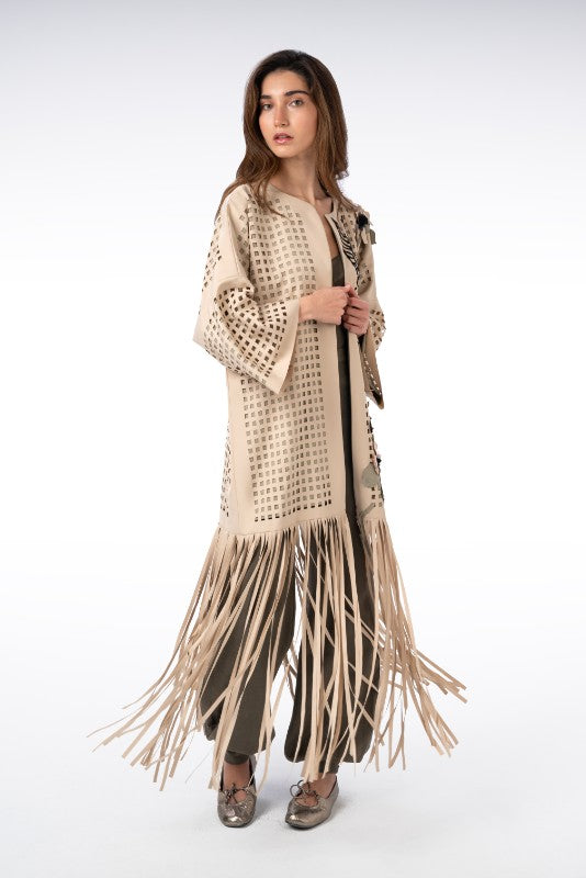 Square Laser-Cut Abaya with Fringe Details