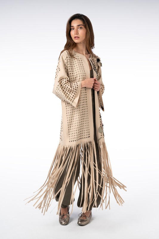 Square Laser-Cut Abaya with Fringe Details