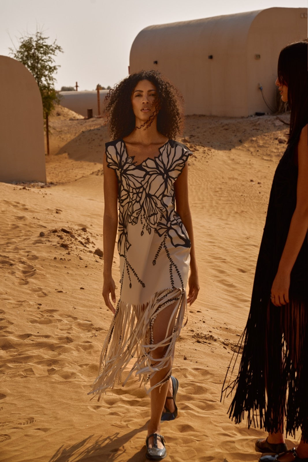 Long Cream and Black Fringed Laser-Cut Dress