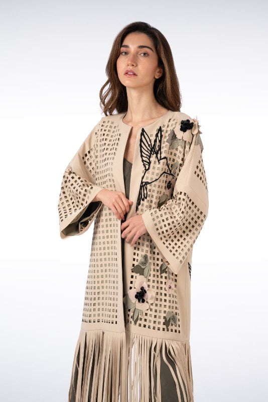 Square Laser-Cut Abaya with Fringe Details