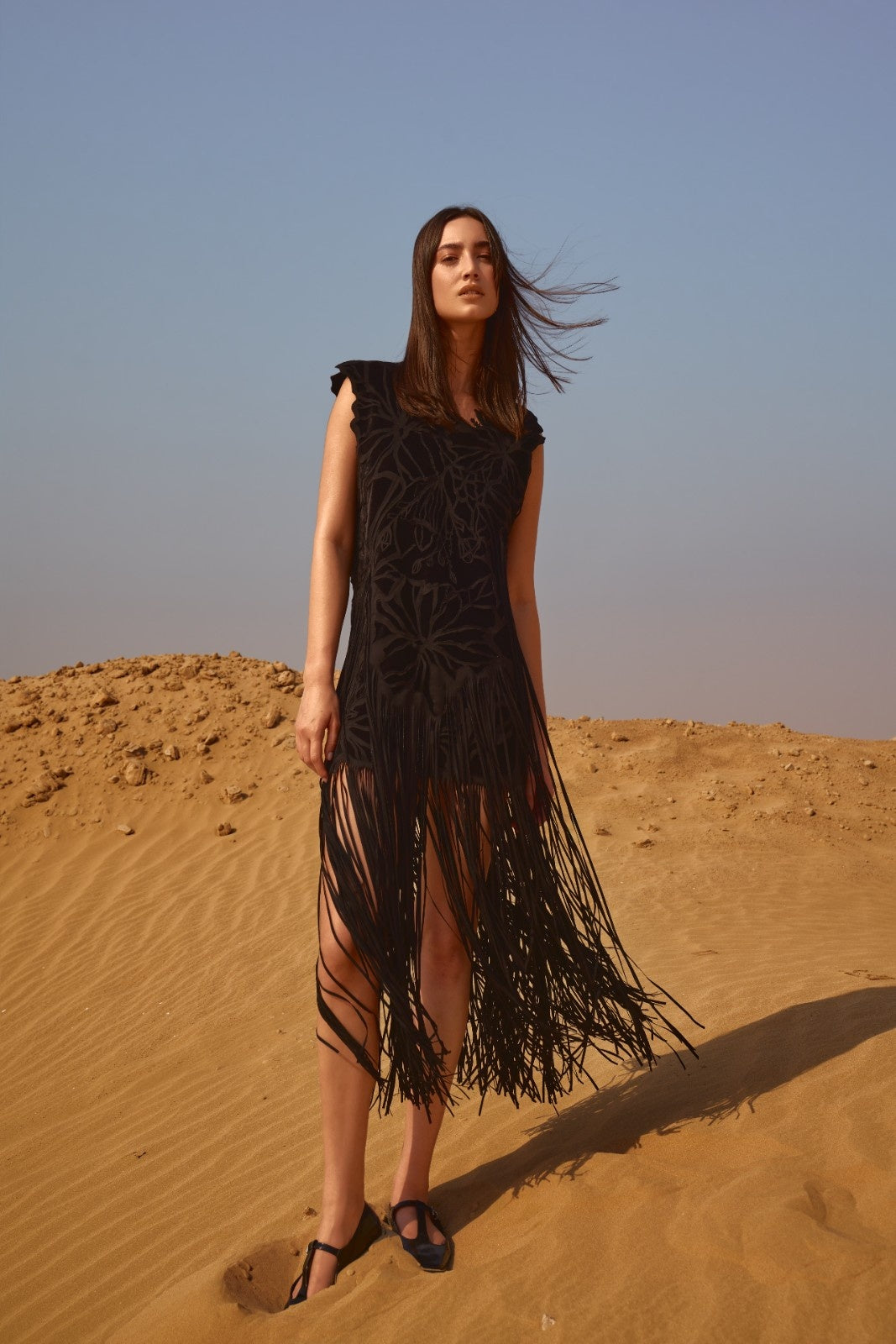 Long Black Double-Fringed Laser-Cut Dress