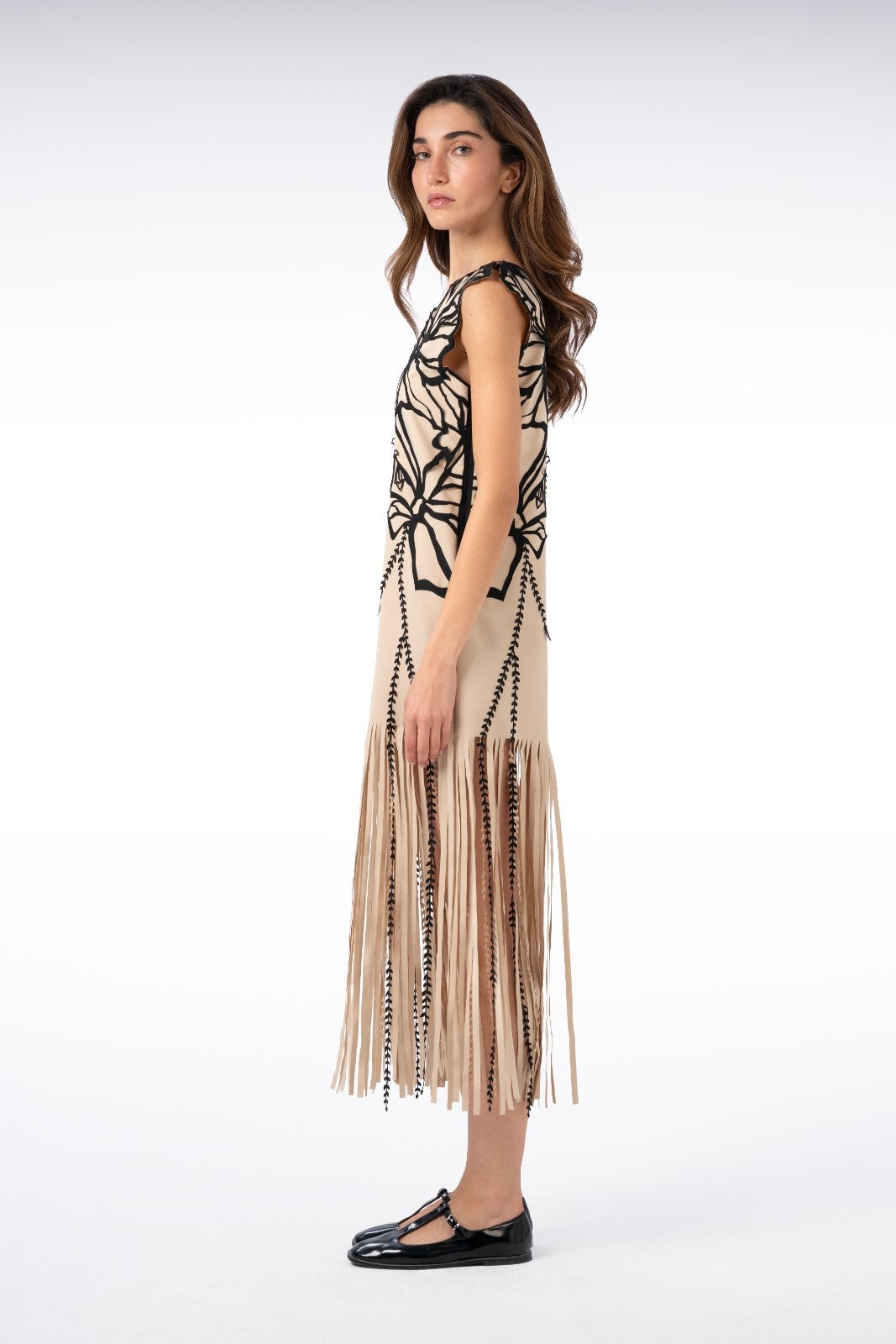 Long Cream and Black Fringed Laser-Cut Dress