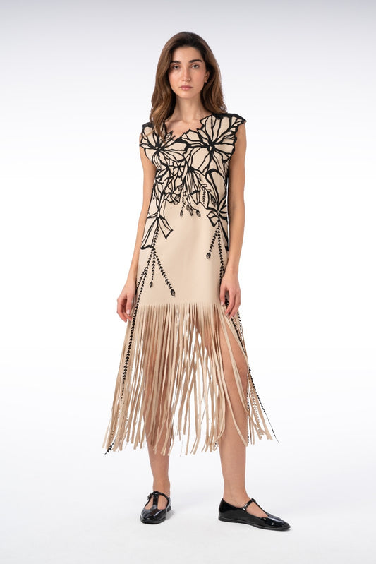 Long Cream and Black Fringed Laser-Cut Dress