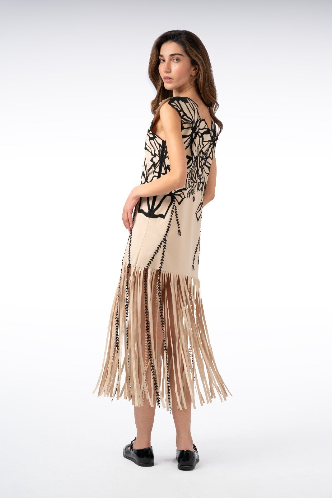 Long Cream and Black Fringed Laser-Cut Dress