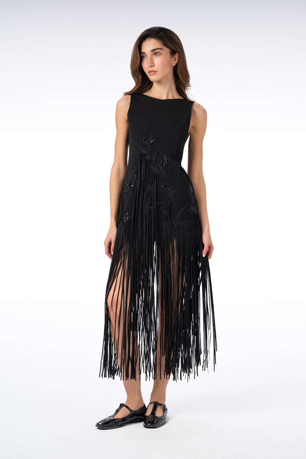 Open-Back Long Dress with Leaf and Fringed Bead Embroidery