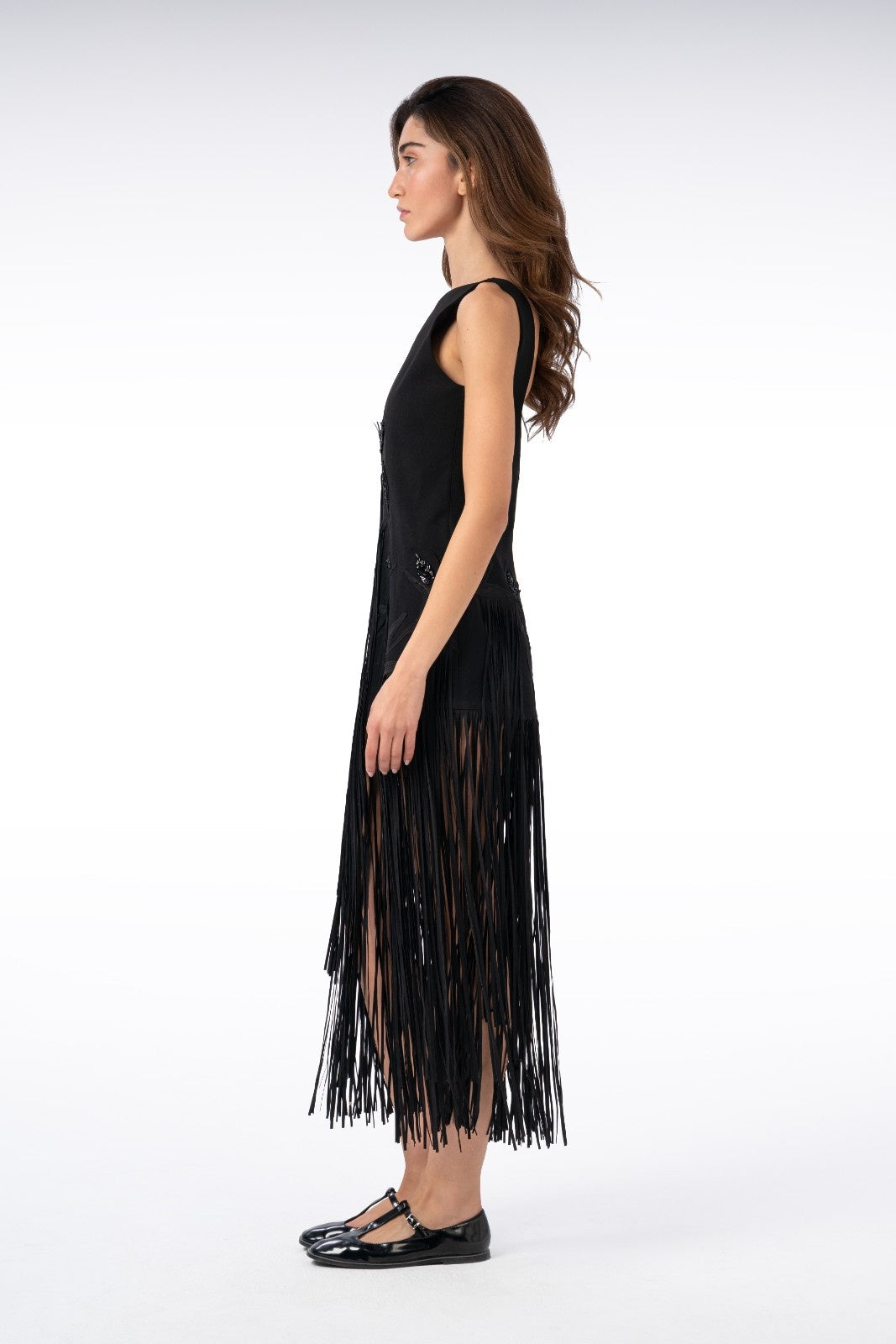 Open-Back Long Dress with Leaf and Fringed Bead Embroidery