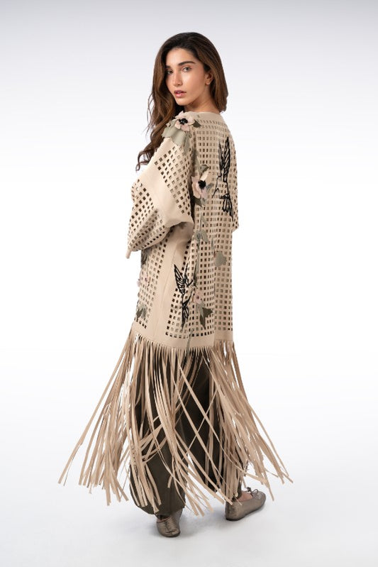 Square Laser-Cut Abaya with Fringe Details