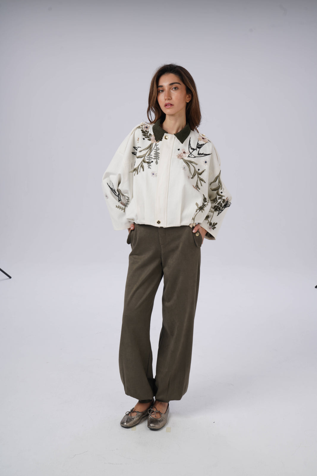 Denim Jacket with Colorful Flower and Bird Embroidery