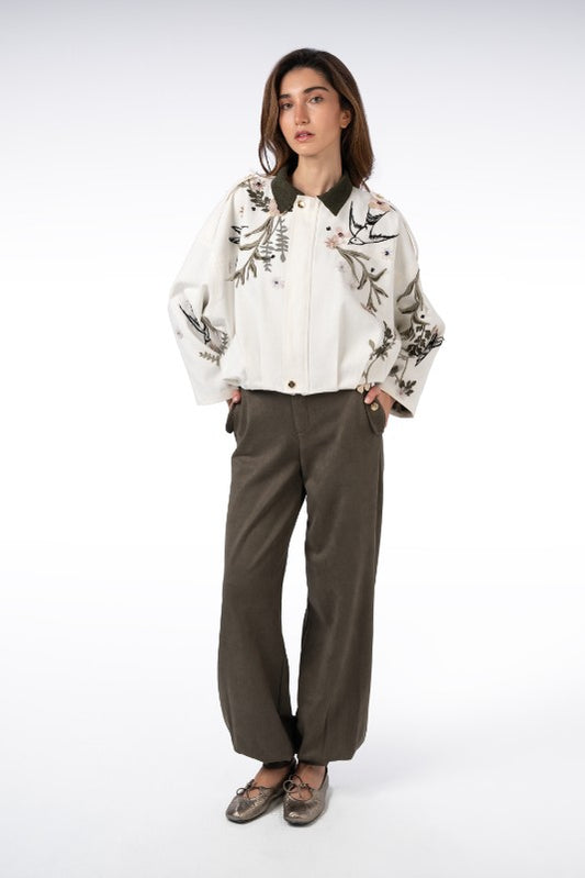 Denim Jacket with Colorful Flower and Bird Embroidery
