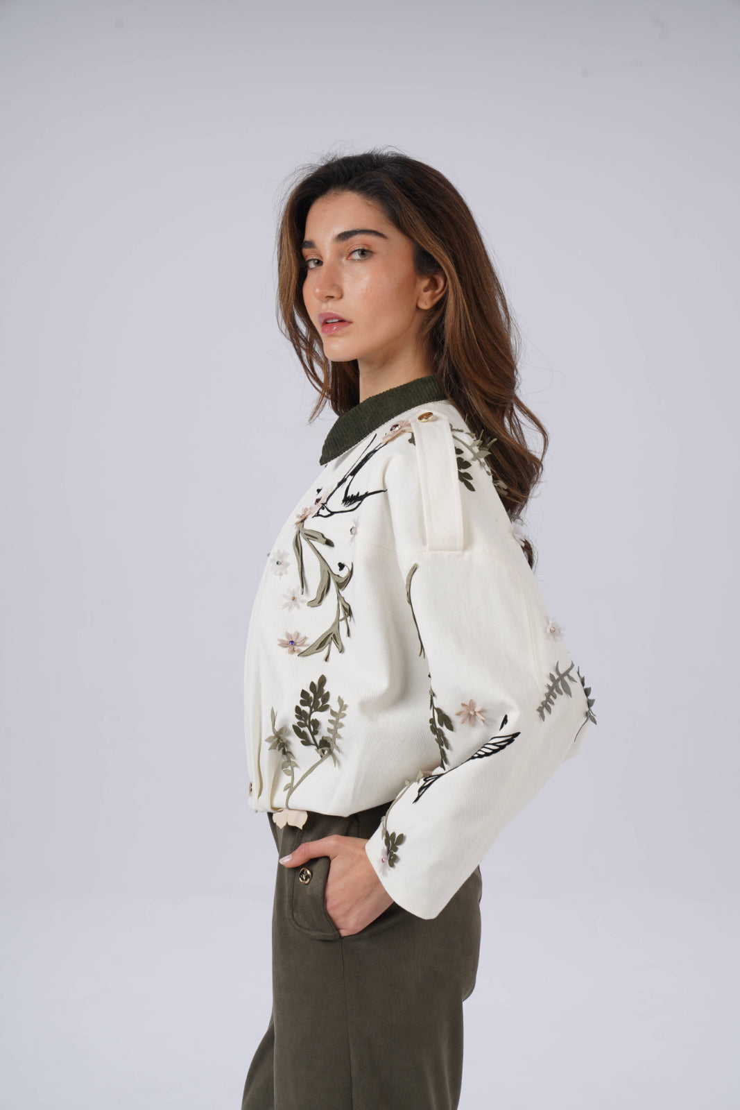 Denim Jacket with Colorful Flower and Bird Embroidery