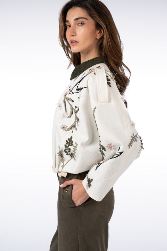 Denim Jacket with Colorful Flower and Bird Embroidery