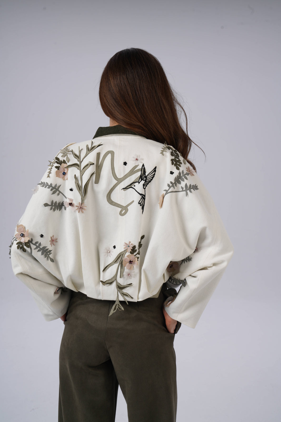 Denim Jacket with Colorful Flower and Bird Embroidery